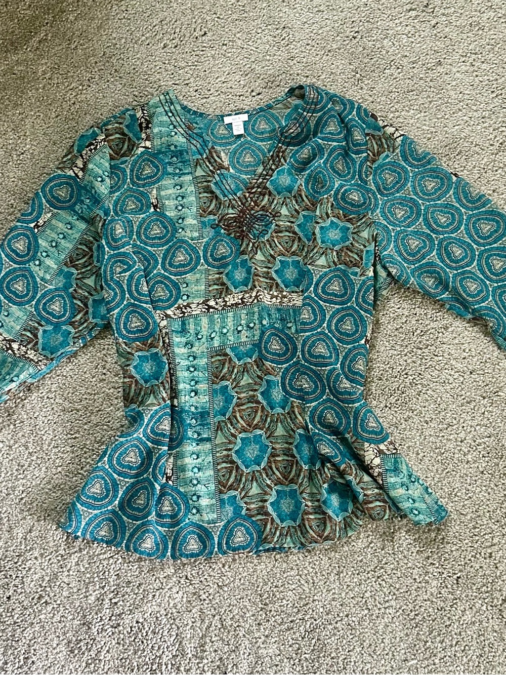 Apt. 9 Teal and Brown Patchwork V-Neck Blouse